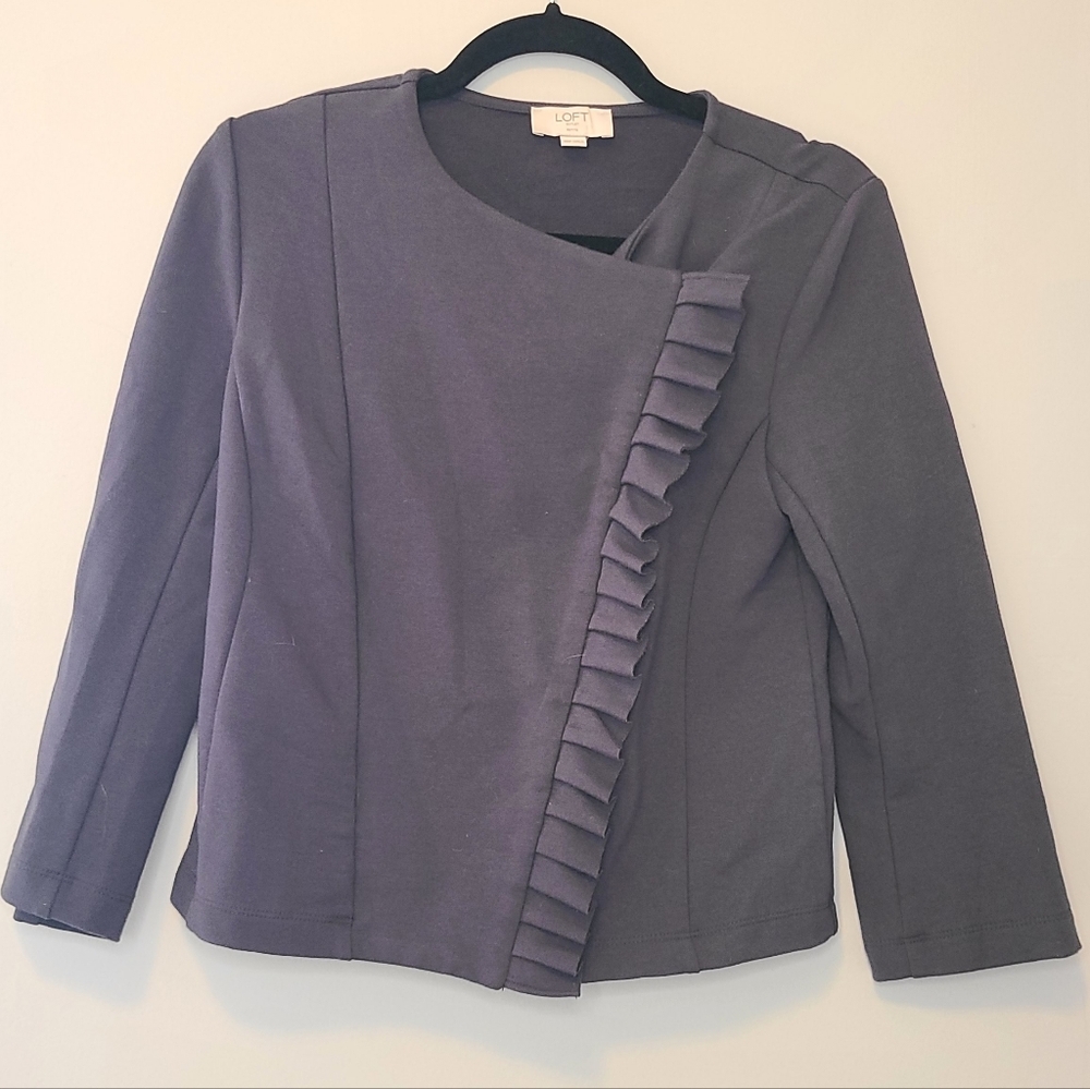 LOFT Outlet Petite Ruffle Asymmetrical Top Blazer-Style Jacket XXSP Gray